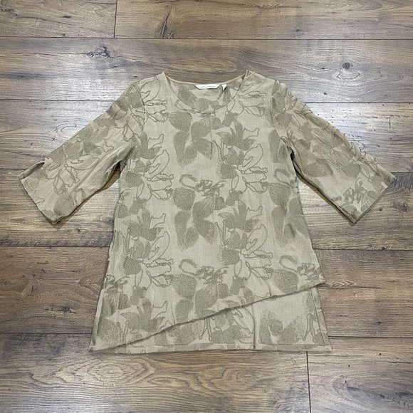 Soft Surroundings Tunic Top Size XS Petite Embroidered Asymmetric Tan 3/4 Sleeve - Picture 1 of 12